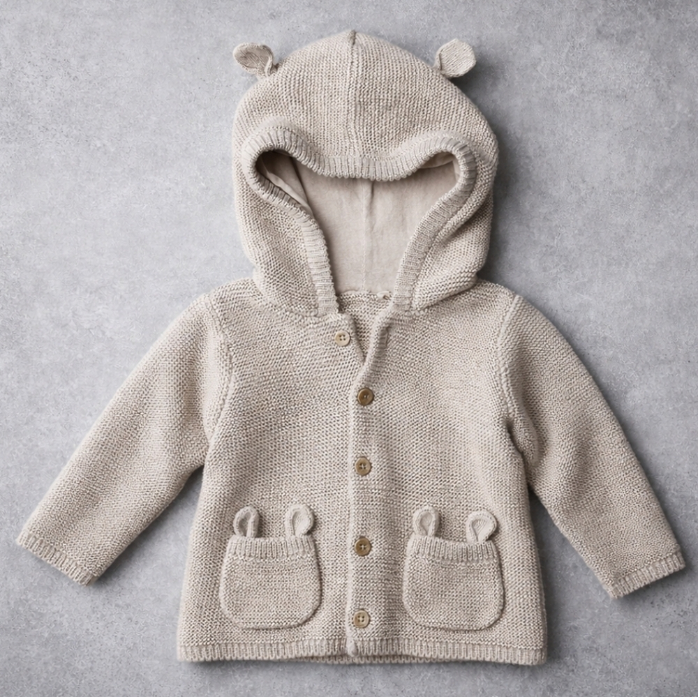 Heirloom Cotton Knit Bear Hoodie | Neutral Scandi Baby | 18–24M | Tu